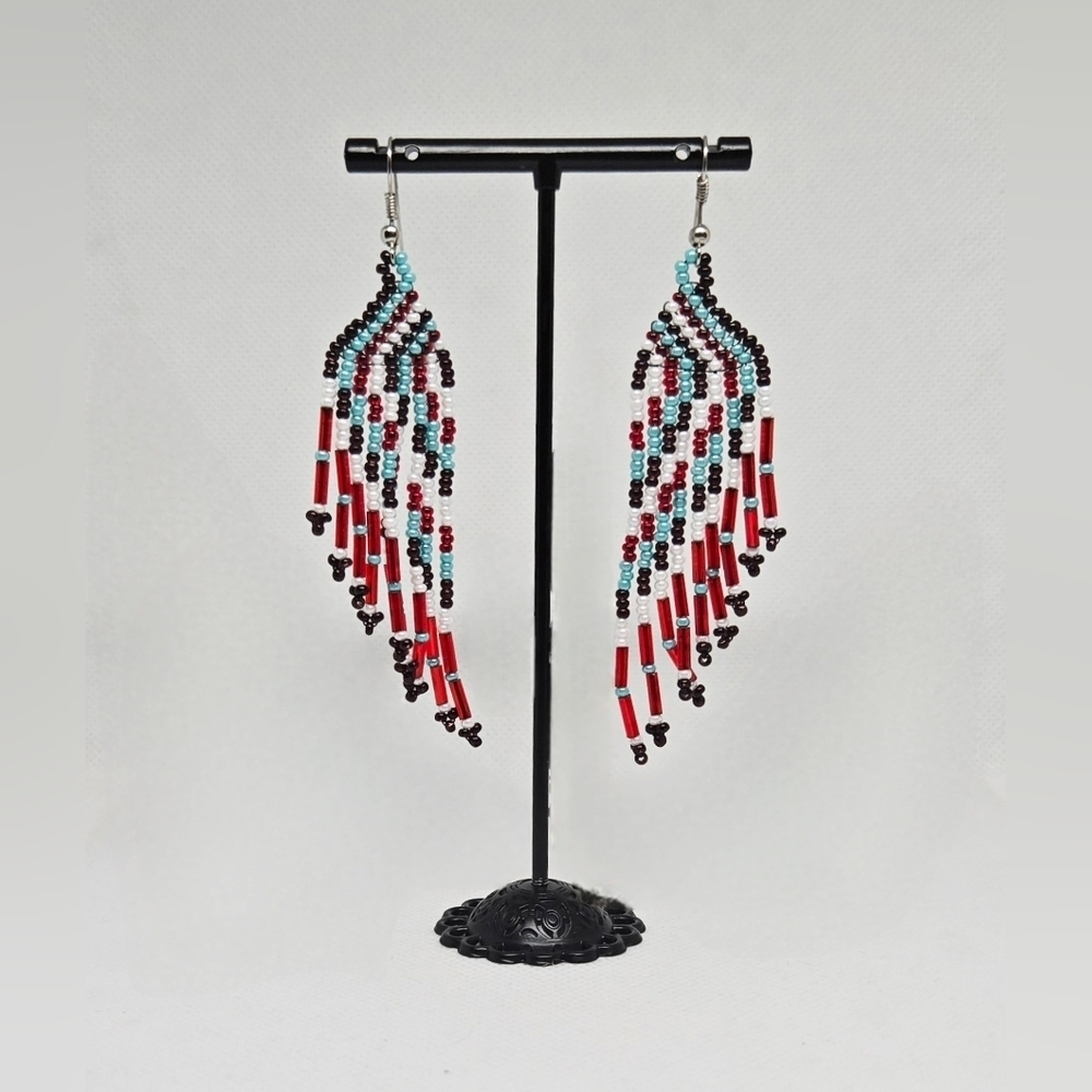 Handmade Beaded Fringe Earrings – Red, Turquoise & Black Boho Dangle Jewelry